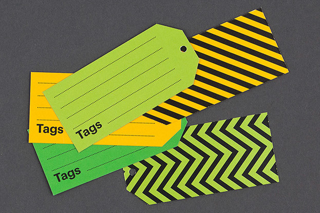 Tags, green and yellow
